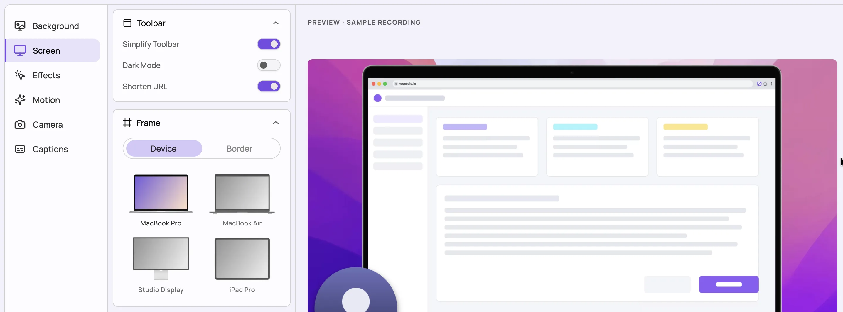 The Recordio editor: screen settings on the left, a recording framed in a MacBook Pro on a purple background on the right